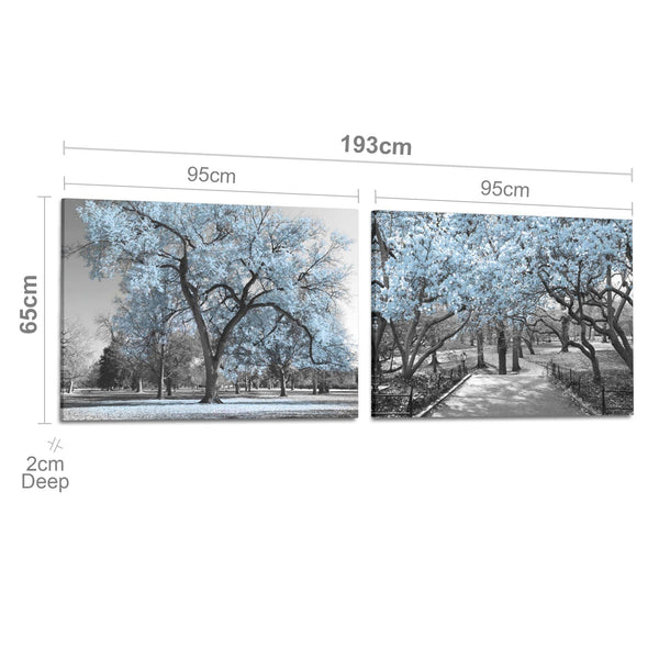 Blue Grey Black Canvas Wall Art - Trees Leaves Blossom - Set of 2 Pictures Canvas Wall Art Print