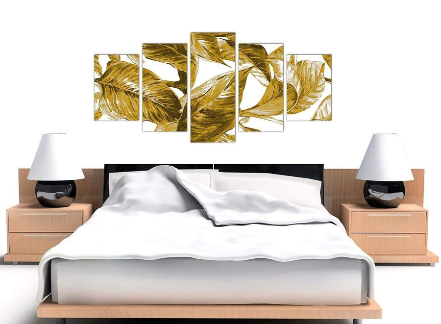 Cheap Extra Large Mustard Yellow White Tropical Leaves Canvas Split 5 Piece 5318 For Your Living Room