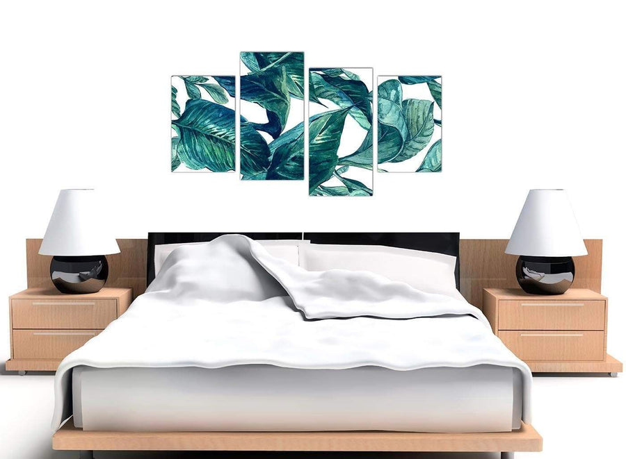 Cheap Large Teal Blue Green Tropical Exotic Leaves Canvas Multi 4 Piece 4325 For Your Living Room