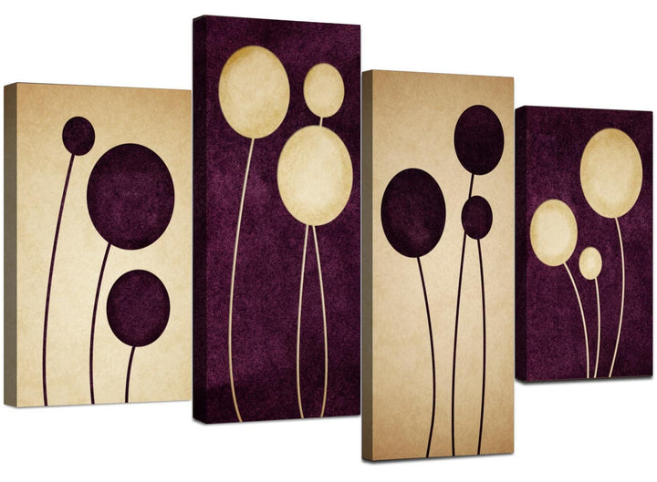 Purple Cream Flowers Modern Abstract Floral Canvas - 4 Piece Set - 130cm - 4124 - 4124