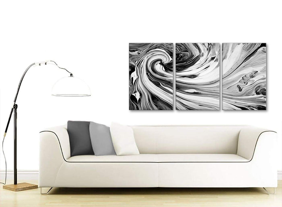 Contemporary Black White Grey Swirls Modern Abstract Canvas Wall Art Split 3 Part 125cm Wide 3354 For Your Living Room