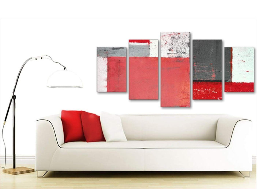 Contemporary Extra Large Red Grey Abstract Painting Canvas Wall Art Multi 5 Panel 160cm Wide 5343 For Your Living Room