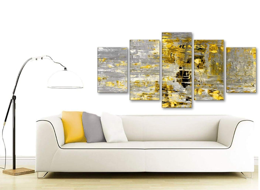 Contemporary Extra Large Yellow Abstract Painting Wall Art Print Canvas Split 5 Panel 160cm Wide 5357 For Your Dining Room