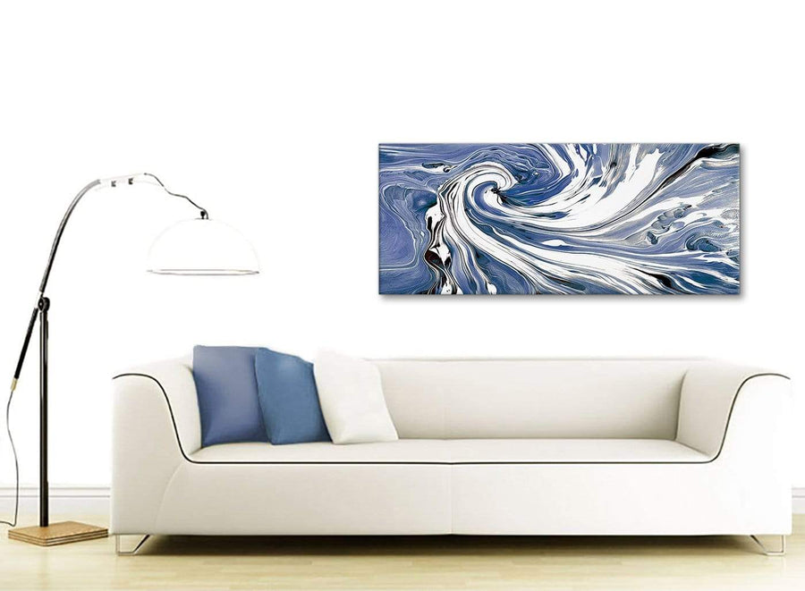 Contemporary Indigo Blue White Swirls Modern Abstract Canvas Wall Art Modern 120cm Wide 1352 For Your Dining Room