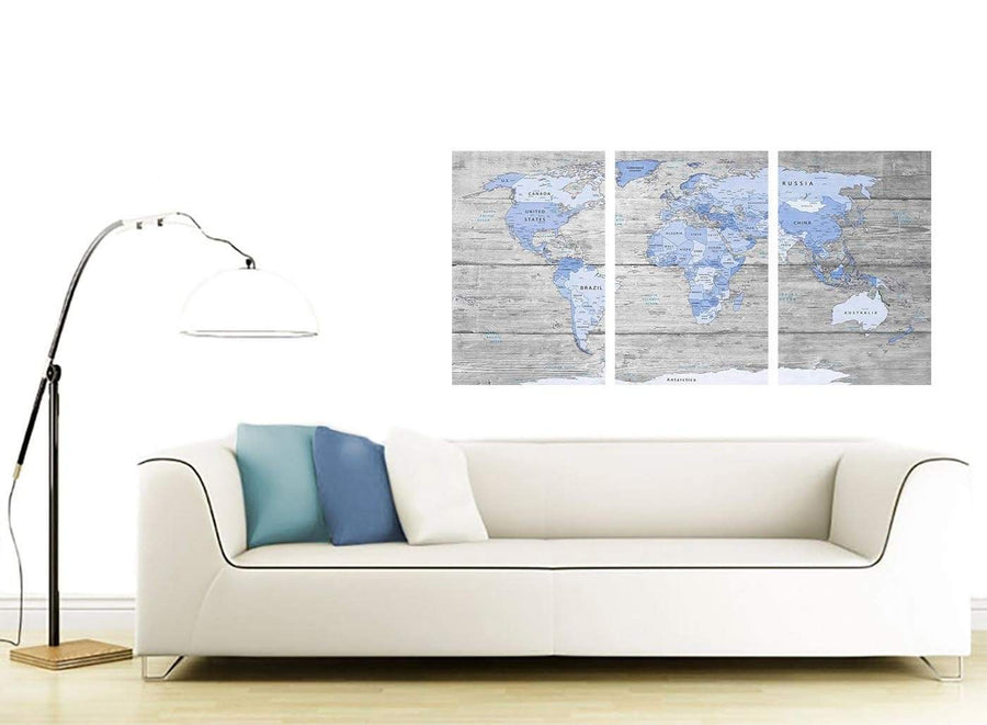 Contemporary Blue Grey Large Map Of World Atlas Maps Canvas Multi 3 Set 3303 For Your Office