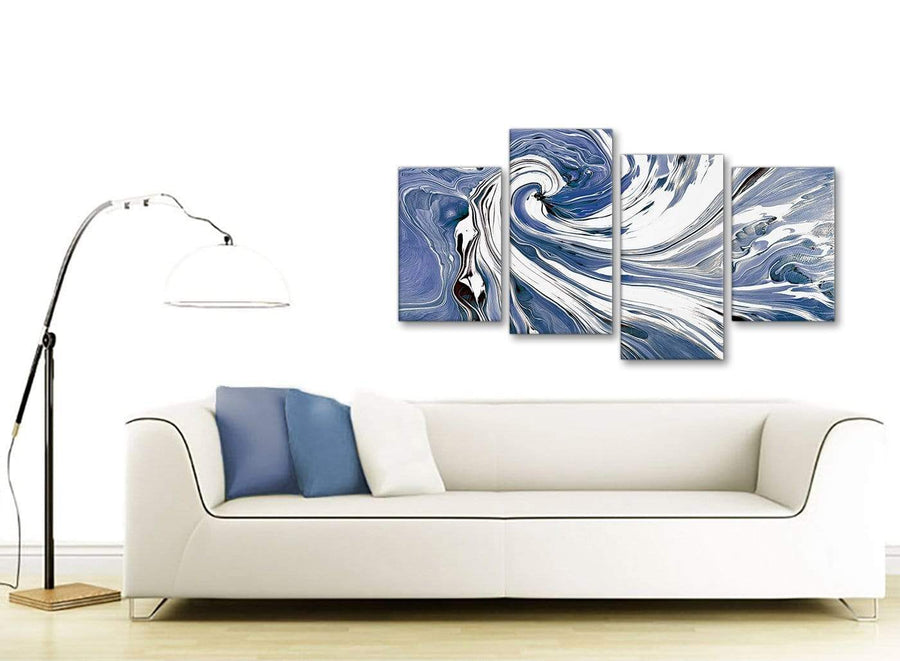 Contemporary Large Indigo Blue White Swirls Modern Abstract Canvas Wall Art Split 4 Piece 130cm Wide 4352 For Your Bedroom