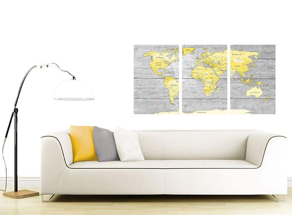Contemporary Yellow Grey Large Yellow Grey Map Of World Atlas Canvas Wall Art Print Maps Canvas Split 3 Piece 3305 For Your Study
