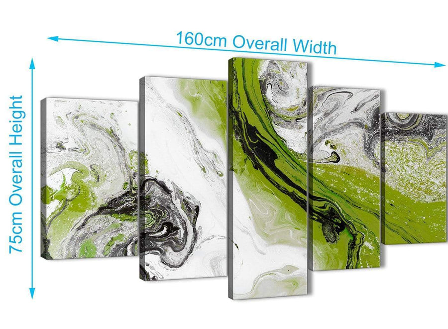Extra Large 5 Panel Lime Green and Grey Swirl Abstract Dining Room Canvas Pictures Decor - 5464 - 160cm XL Set Artwork