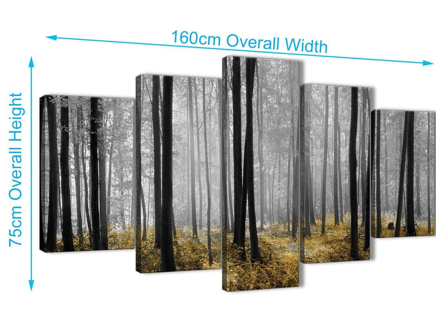 Extra Large 5 Piece Yellow and Grey Forest Woodland Trees Dining Room Canvas Wall Art Decorations - 5384 - 160cm XL Set Artwork