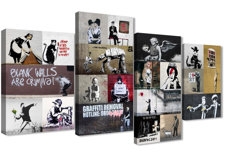 Extra Large Banksy Collage - Bedroom Canvas Pictures Decor - 4500 - 130cm Set of Prints - 4500
