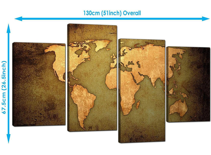World Map Canvas Wall Art in Green and Tan Leather Effect