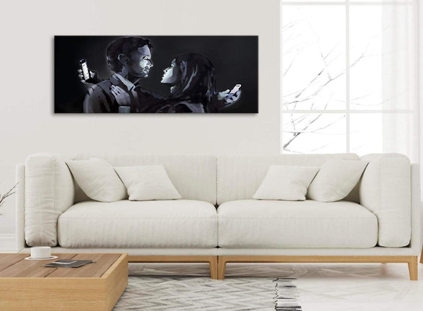 Modern Banksy Mobile Lovers Graffiti Canvas Wall Art - 1212 Black White Grey - 120cm Wide Print