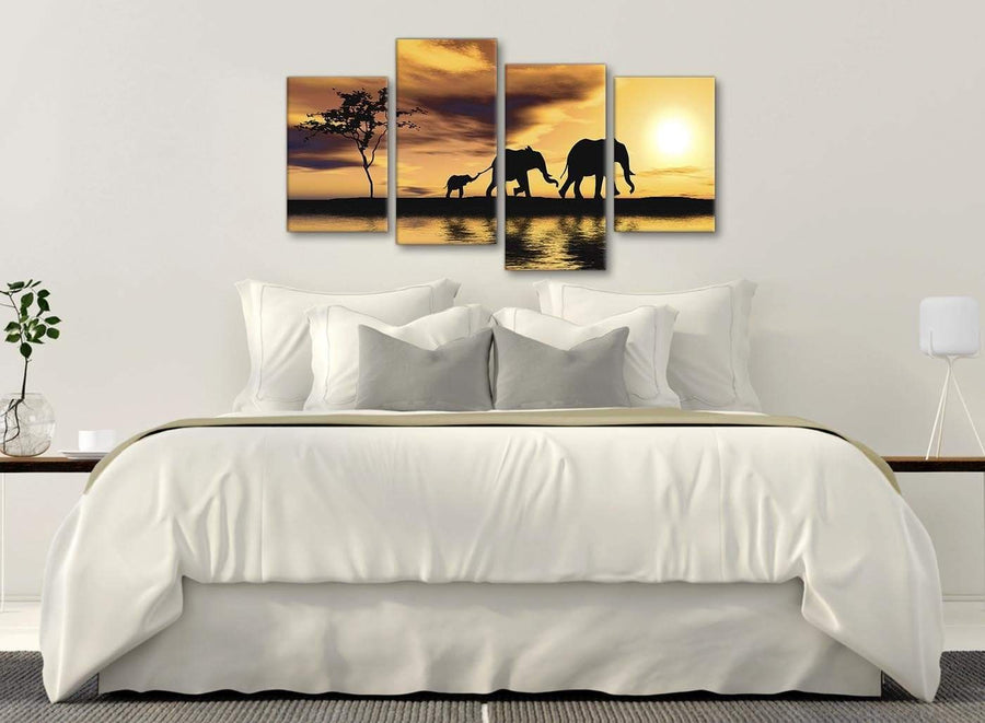 Modern Large African Sunset Elephants Canvas Art Prints - Animal - 4479 Mustard Yellow - 130cm Set of Pictures