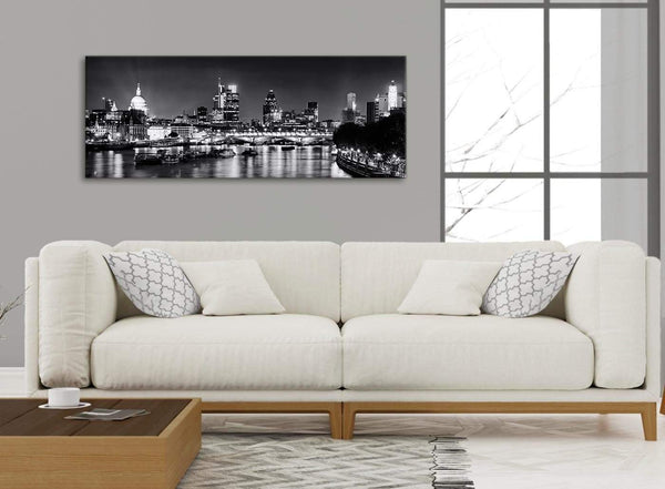 Modern River Thames Skyline of London Canvas Wall Art - Landscape - 1430 Black White Grey - 120cm Wide Print
