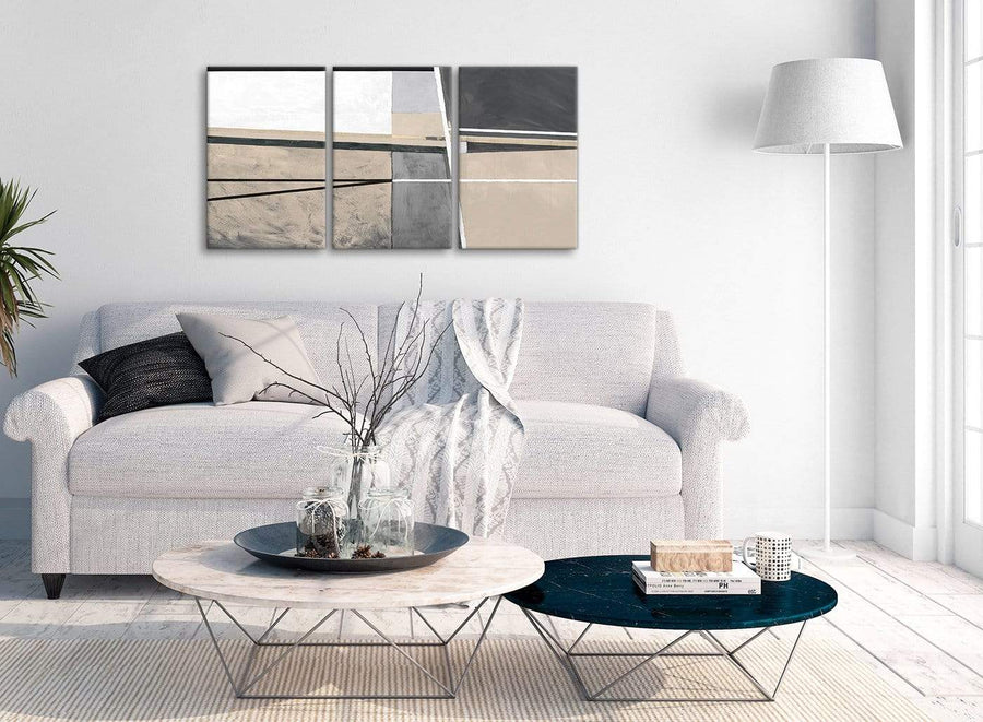 Multiple 3 Piece Beige Cream Grey Painting Bedroom Canvas Pictures Accessories - Abstract 3394 - 126cm Set of Prints