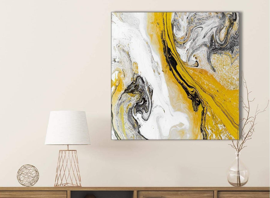 Mustard Yellow and Grey Swirl Bathroom Canvas Wall Art Accessories - Abstract 1s462s - 49cm Square Print