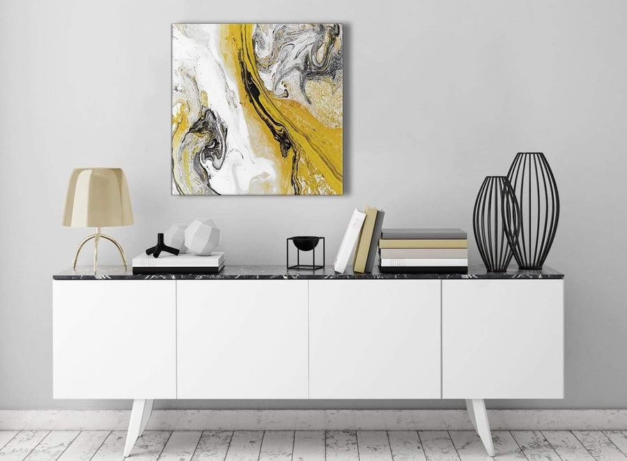 Contemporary Mustard Yellow and Grey Swirl Living Room Canvas Wall Art Decorations - Abstract 1s462m - 64cm Square Print