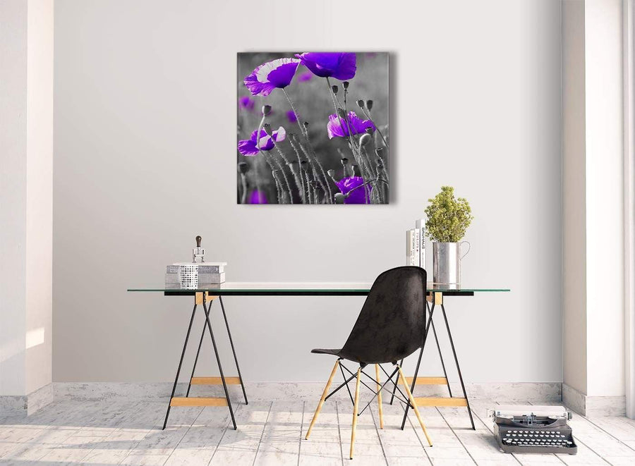 Contemporary Purple Poppy Grey Black White Flower Floral Living Room Canvas Pictures Decorations - Abstract 1s136m - 64cm Square Print