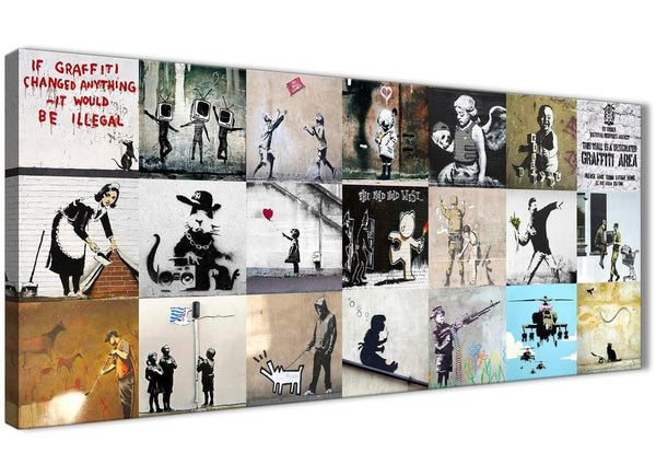 Banksy Graffiti Collage Canvas Wall Art Modern 120cm Wide - 1356