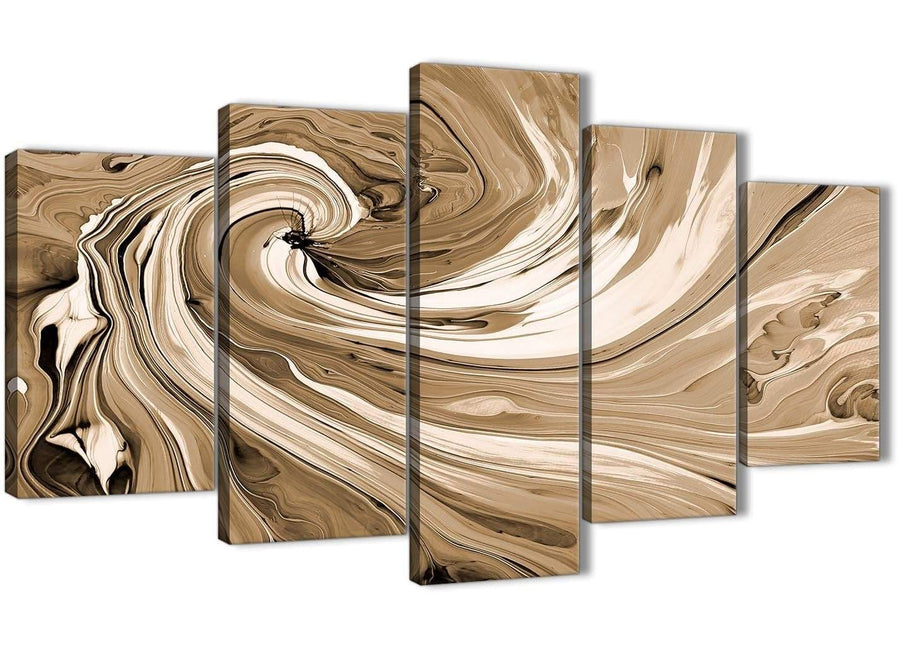 Oversized Extra Large Brown Cream Swirls Modern Abstract Canvas Wall Art Split 5 Panel 160cm Wide 5349 For Your Kitchen