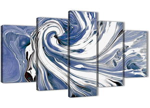 Oversized Extra Large Indigo Blue White Swirls Modern Abstract Canvas Wall Art Split 5 Part 160cm Wide 5352 For Your Dining Room