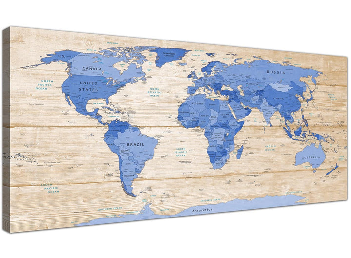 Oversized Large Blue Cream Map Of World Atlas Canvas Modern 120cm Wide 1308 For Your Office - 1308