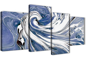 Oversized Large Indigo Blue White Swirls Modern Abstract Canvas Wall Art Split 4 Piece 130cm Wide 4352 For Your Bedroom