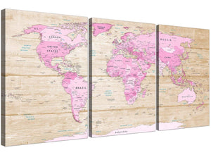 Oversized Large Pink Cream Map Of World Atlas Canvas Split 3 Part 3309 For Your Teenage Girls Bedroom