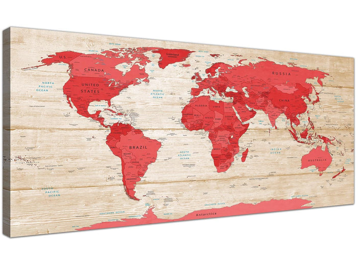 Oversized Large Red Cream Map Of World Atlas Canvas Modern 120cm Wide 1311 For Your Office - 1311