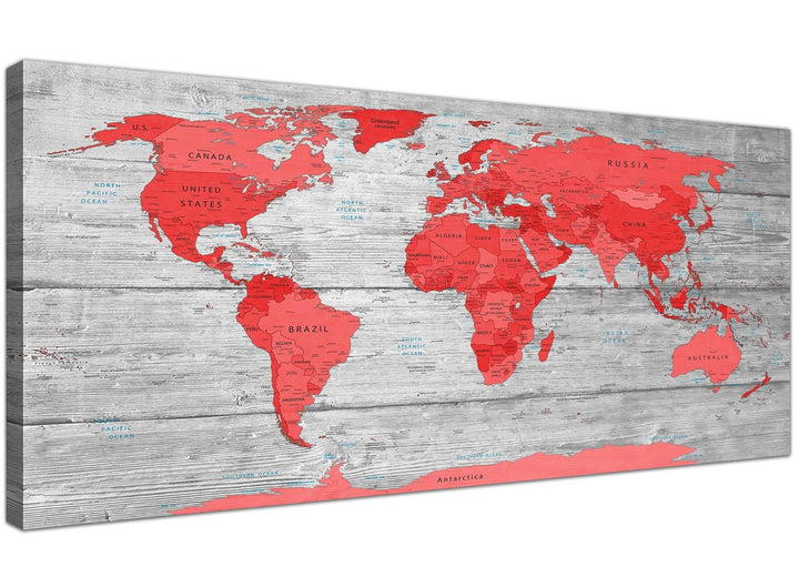 Oversized Large Red Grey Map Of The World Atlas Canvas Wall Art Print Modern 120cm Wide 1300 For Your Office - 3300