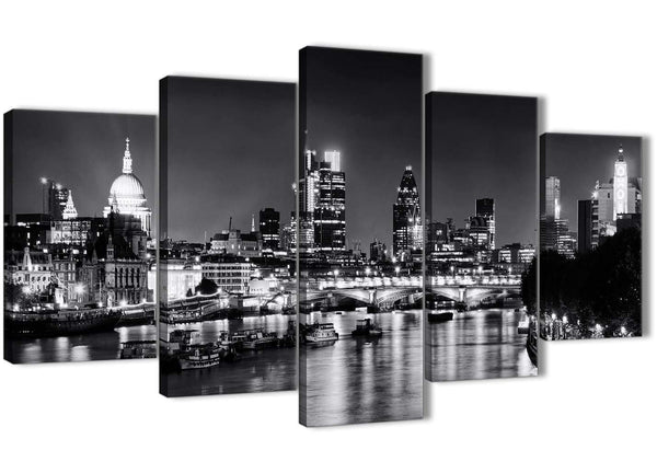 Oversized 5 Piece Landscape Canvas Wall Art Prints - River Thames Skyline of London - 5430 Black White Grey - 160cm XL Set Artwork