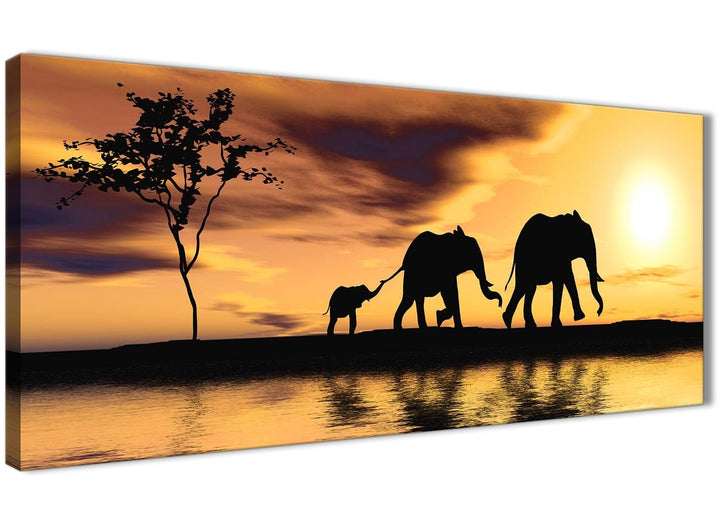 Panoramic African Sunset Elephants Canvas Wall Art - Animal - 1479 Mustard Yellow - 120cm Wide Print - 4479