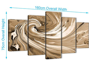 Panoramic Extra Large Brown Cream Swirls Modern Abstract Canvas Wall Art Split 5 Panel 160cm Wide 5349 For Your Kitchen