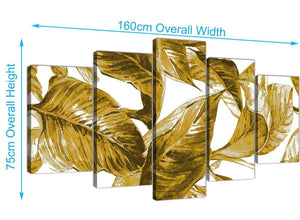 Panoramic Extra Large Mustard Yellow White Tropical Leaves Canvas Split 5 Piece 5318 For Your Living Room