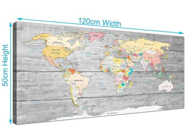 Panoramic Grey Large Map Of World Canvas Art Print Colourful Light Grey Maps Canvas Modern 120cm Wide 1306 For Your Office