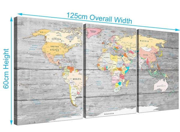 Panoramic Grey Large Map Of World Canvas Art Print Colourful Light Grey Maps Canvas Multi 3 Panel 3306 For Your Study