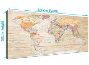 Panoramic Large Cream Map Of The World Atlas Picture Canvas Modern 120cm Wide 1314 For Your Living Room