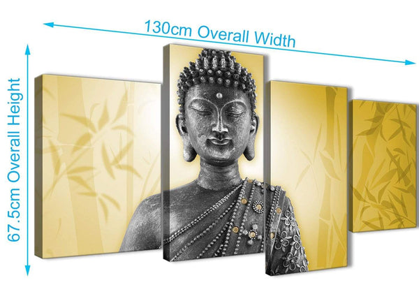 Panoramic Large Mustard Yellow And Grey Silver Wall Art Print Of Buddha Canvas Multi 4 Panel 4328 For Your Office