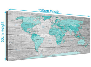 Panoramic Large Teal Grey Map Of World Atlas Maps Canvas Modern 120cm Wide 1299 For Your Office