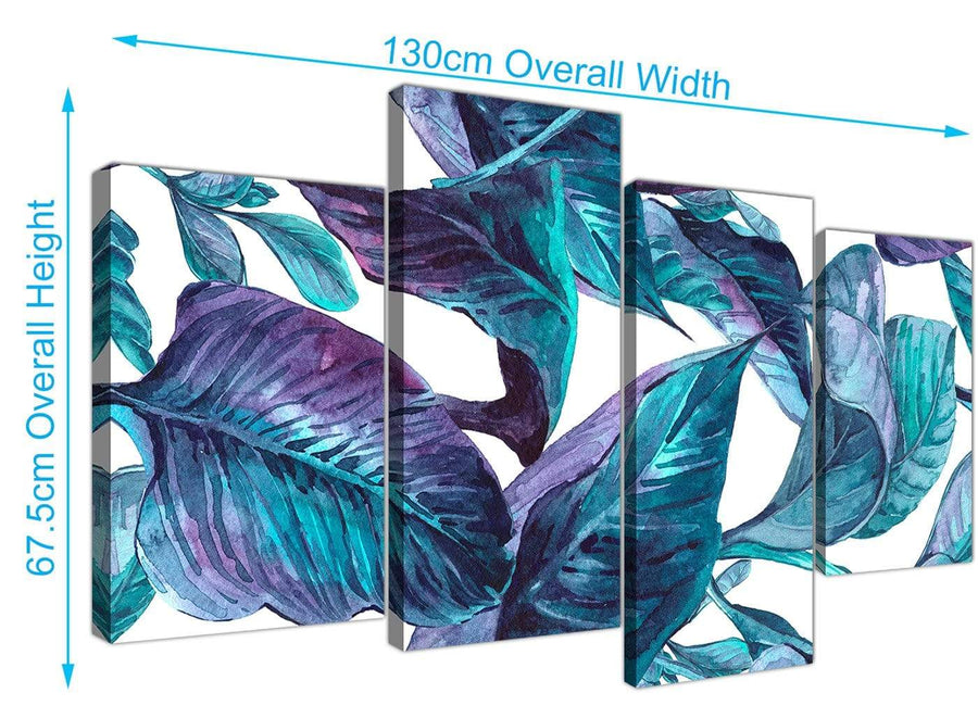 Panoramic Large Turquoise And White Tropical Leaves Canvas Split 4 Set 4323 For Your Dining Room