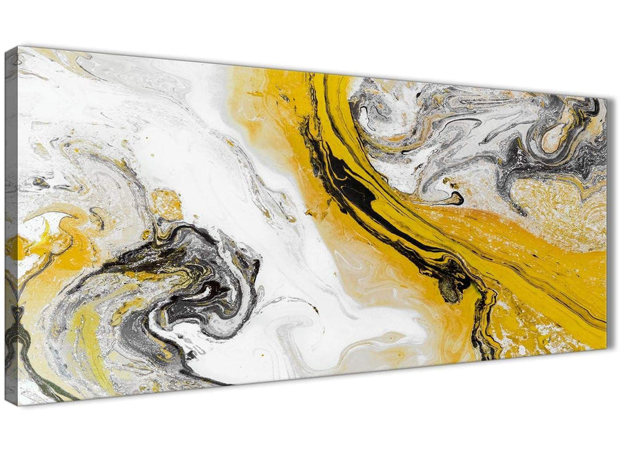 Panoramic Mustard Yellow and Grey Swirl Living Room Canvas Wall Art Accessories - Abstract 1462 - 120cm Print
