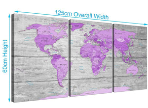 panoramic purple grey large purple and grey map of world atlas canvas wall art print maps canvas split 3 set 3298 for your teenage girls bedroom
