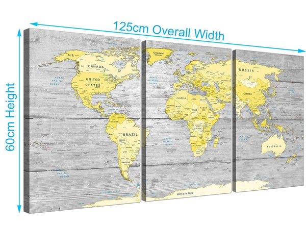 Panoramic Yellow Grey Large Yellow Grey Map Of World Atlas Canvas Wall Art Print Maps Canvas Split 3 Piece 3305 For Your Study