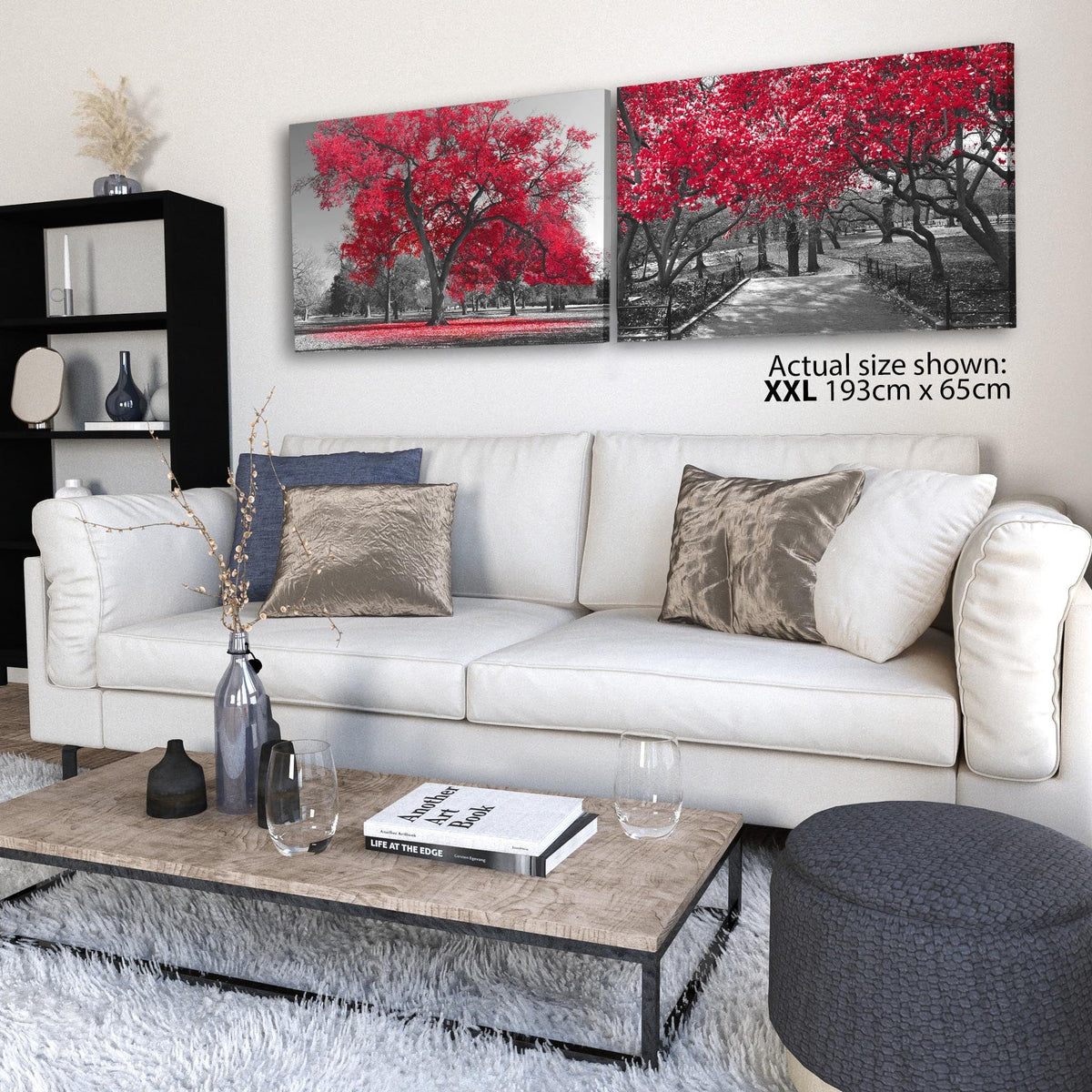 Red Grey Black Canvas Wall Art Trees Leaves Blossom Set of 2 Pictu