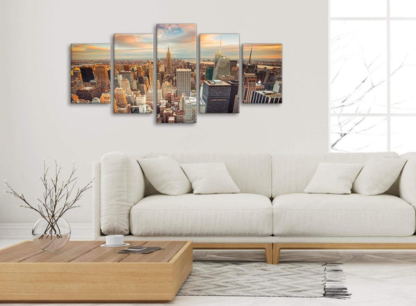 Set of 5 Piece Landscape Canvas Wall Art Pictures - New York Skyline Sunset Manhattan Cityscape - 5202 - 160cm XL Set Artwork