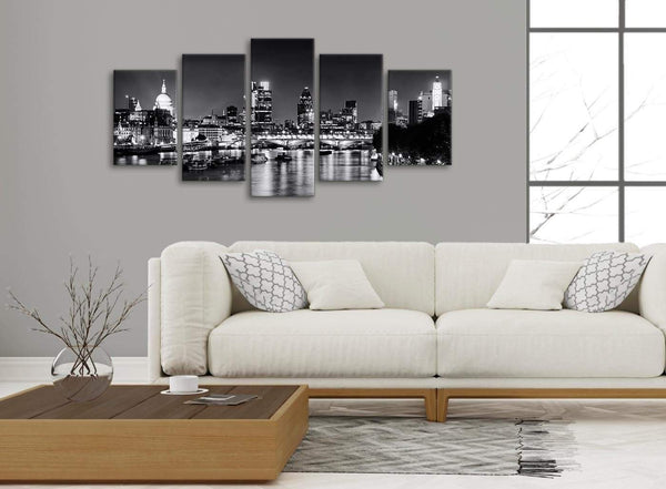 Set of 5 Piece Landscape Canvas Wall Art Prints - River Thames Skyline of London - 5430 Black White Grey - 160cm XL Set Artwork