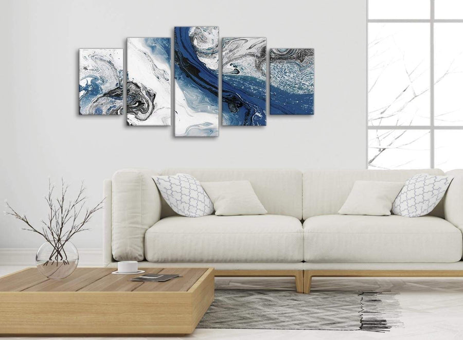 Set of 5 Piece Blue and Grey Swirl Abstract Office Canvas Wall Art Decor - 5465 - 160cm XL Set Artwork