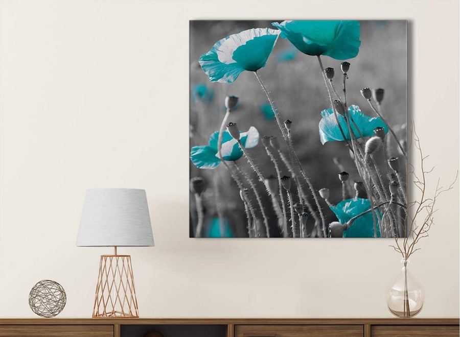 Teal Poppy Grey Poppies Flower Floral Kitchen Canvas Pictures Accessories - Abstract 1s139s - 49cm Square Print