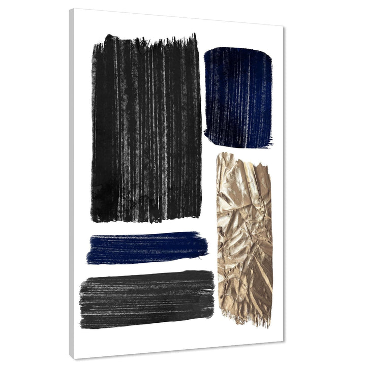 Abstract Navy Blue Black Gold Brushstrokes Watercolour Canvas Wall Art Picture - 1RP1025M