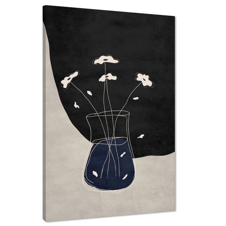 Dark Blue Black Vase and Flowers Drawing Floral Canvas Wall Art Print - 1RP1531M